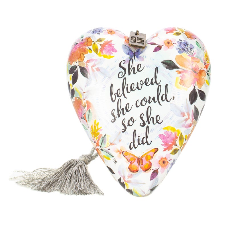 DEMDACO She Believed She Could So She Did Butterfly Floral 4 x 3 Heart Shaped Resin Keepsake Art Hearts Decoration with Key and Tassel - Image 3